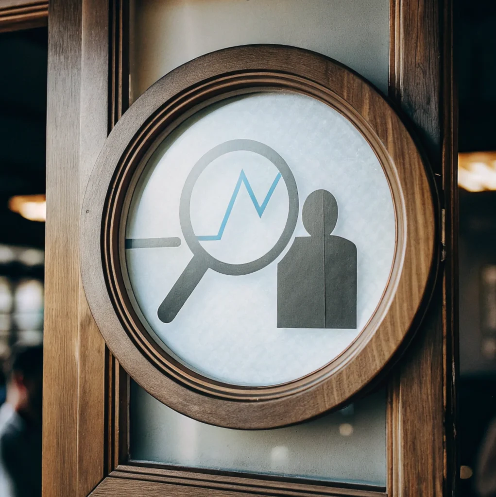 Pierwszy audyt jamy ustnej – fundament zaufania w EndoEstetica Clinic 1 Symbol lupy i sylwetki osoby na szkle drzwi w klinice EndoEstetica Luboń, audyt stanu jamy ustnej